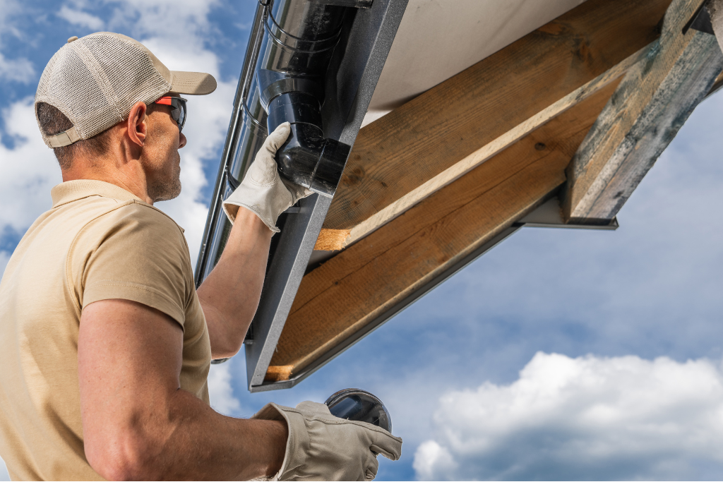 A man is climbing a ladder to work on a roof, wearing safety gear and focused on his task.