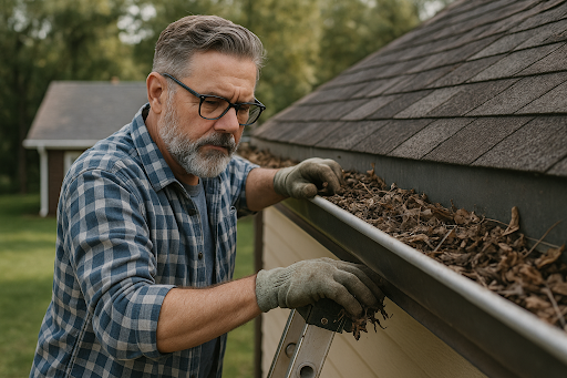 Homeowner inspecting clogged gutters filled with leaves and debris during seasonal gutter maintenance.