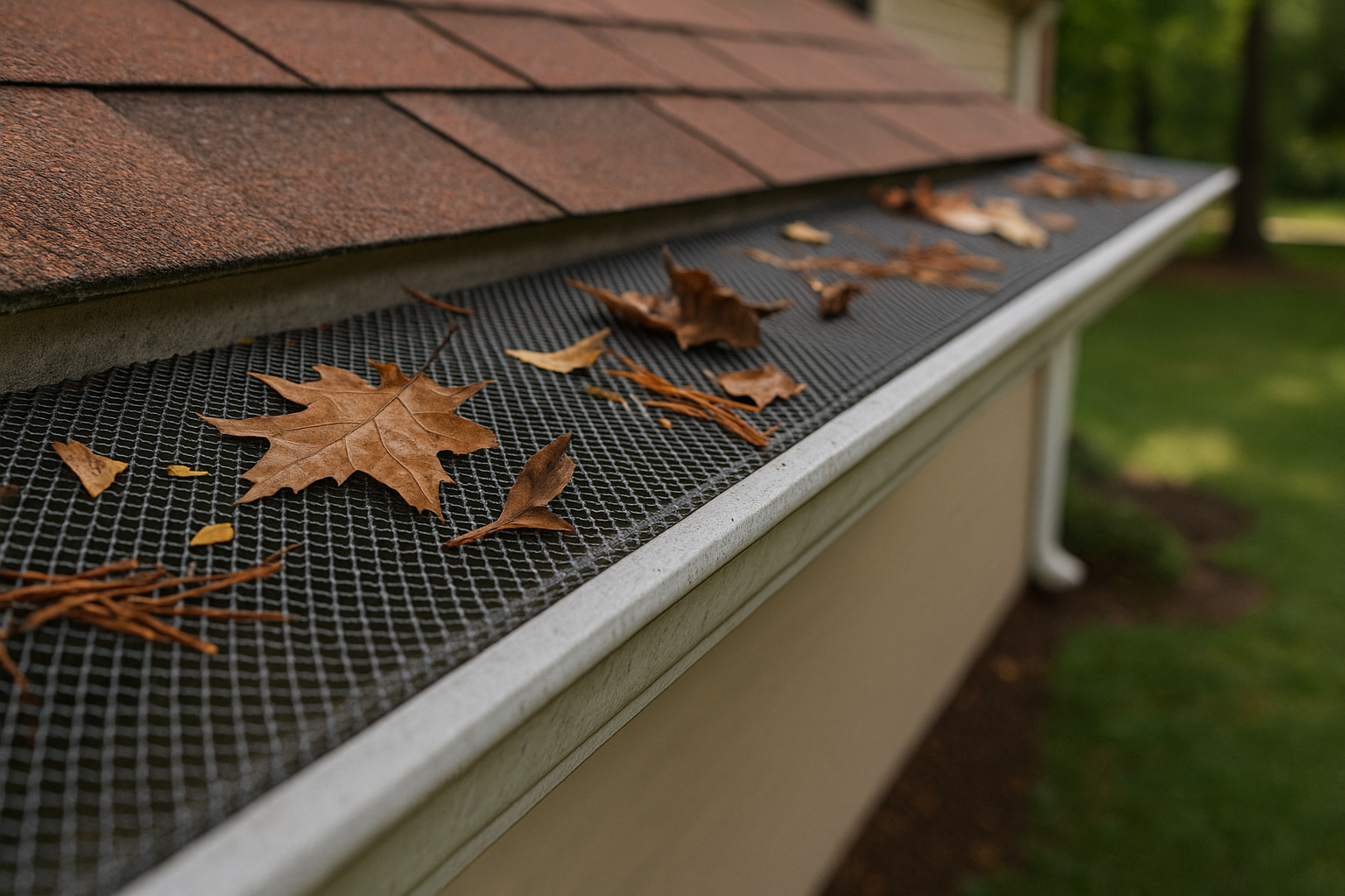 Mesh gutter guard protecting a home’s gutter from leaves and debris.