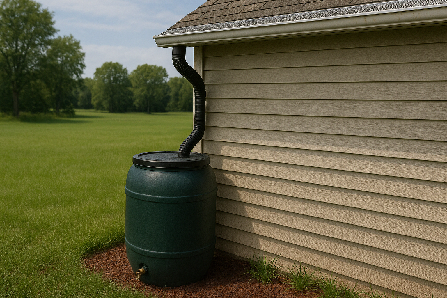 Rainwater barrel connected to the gutter system with installed gutter guards.
